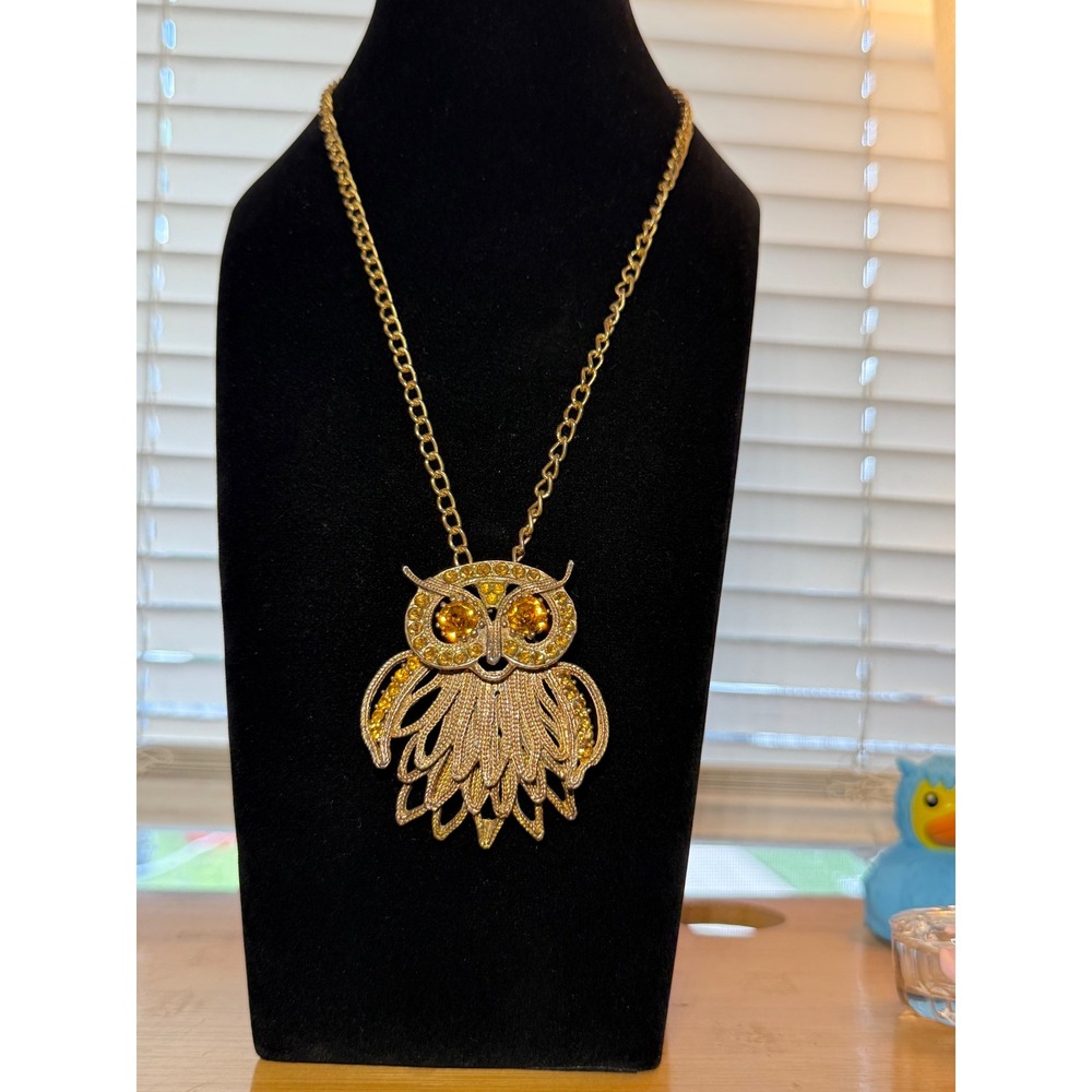 Napier Vintage Gold Tone Articulated Owl Statement Necklace Amber Rhinestone Eye